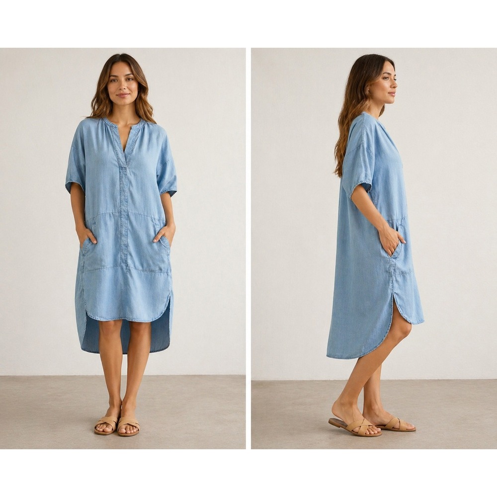 Lovestitch Blue Chambray Tunic Shift Dress M 100% Tencel High-Low Hem Pockets